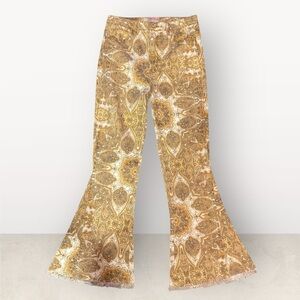 SHOW ME YOUR MUMU Boho Flare Pants w/ Raw Hem in Earthy Gold Tones